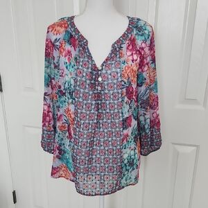 Fig And Flower Boho Floral Geometric Succulents Sheer Blouse Large